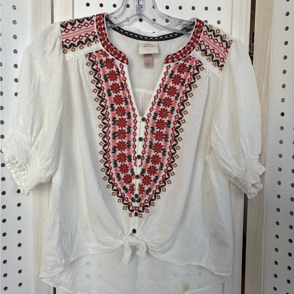Knox Rose White Blouse with Red and Black Embroidery